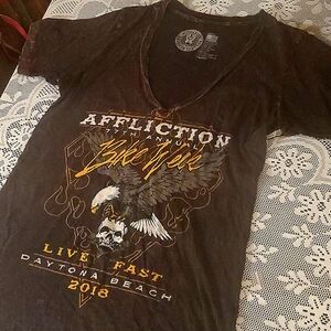 Affliction, Black/Orange Denim Colored Short Sleeve T-Shirt, Size Large